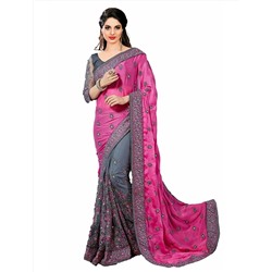 Индийское шикарное сари украшенное вышивкой и стразами из тонкого жаккарда и сетки (цвет - серый, розовый)