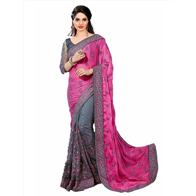 Индийское шикарное сари украшенное вышивкой и стразами из тонкого жаккарда и сетки (цвет - серый, розовый)