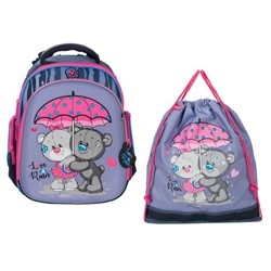 Рюкзак каркасный Hummingbird TK, 37 х 32 х 18, + мешок для обуви, для девочки, Love raine, серый/розовый