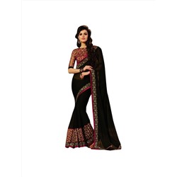 Индийское сари из жоржетта с вышивкой (цвет - черный, бордовый)