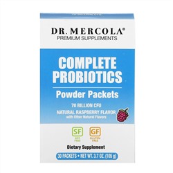 Dr. Mercola, комплекс пробиотиков в виде порошка в пакетиках, натуральный малиновый вкус, 70 млрд КОЕ, 30 пакетиков, по 3,5 г (0,12 унции) каждый