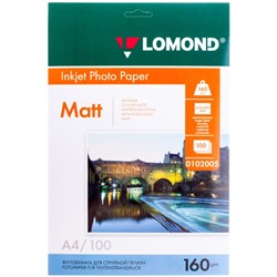 Фотобумага для струйной печати А4 LOMOND, 160 г/м², матовая односторонняя, 100 листов (0102005)