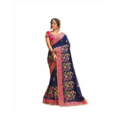 Индийское сари из жоржетта с вышивкой и каймой (цвет - темно-синий, розовый)