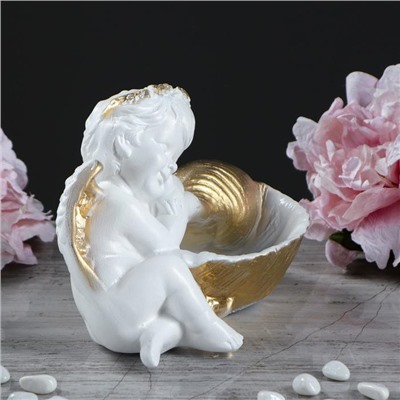 Статуэтка "Ангел с ракушкой", золотисто-белая, гипс, 14 см