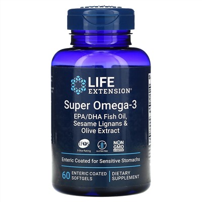 Life Extension, Super Omega-3, рыбий жир с ЭПК и ДГК, лигнанами кунжута и экстрактом оливы, 60 капсул, покрытых кишечнорастворимой оболочкой