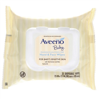 Aveeno, Салфетки для рук и лица для малышей, 25 одноразовых салфеток