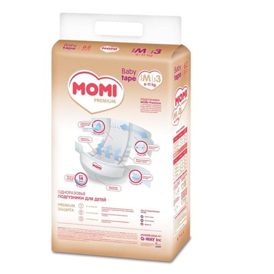 Подгузники MOMI Premium M (6-11 кг), 62 шт