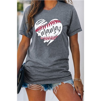 Gray Mama Baseball Heart-shaped Print Short Sleeve T Shirt