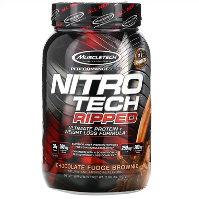 Muscletech, Nitro Tech Ripped, чистый протеин + формула для похудения, со вкусом брауни с шоколадной помадкой, 907 г (2 фунта)