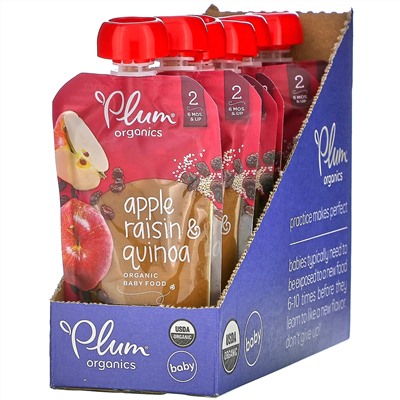 Plum Organics, Organic Baby Food, 6 Months & Up, Apple Raisin & Quinoa, 6 Pouches, 3.5 oz (99 g) Each