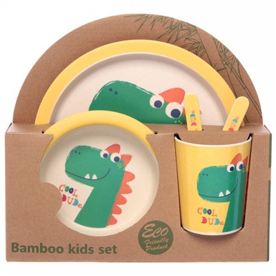Набор детской посуды из бамбука 5 предметов "Смешной динозавр"