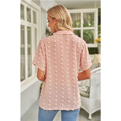 Розовая рубашка с коротким рукавом в швейцарский горошек и отложным воротником