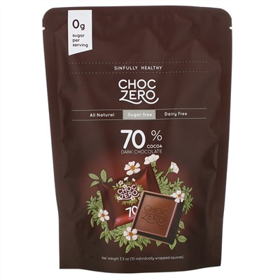 ChocZero, порционный черный шоколад, 70% какао, без сахара, 10 шт., 100 г (3,5 унции)