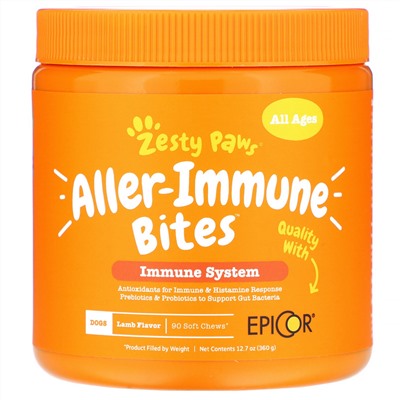 Zesty Paws, Aller-Immune Bites, для собак, иммунная система, для всех возрастов, вкус ягнятины, 90 мягких жевательных снеков, 360 г (12,7 унции)
