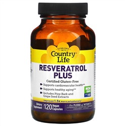 Country Life, Добавка Resveratrol Plus, 120 веганских капсул