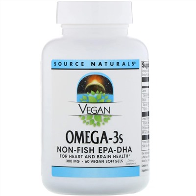 Source Naturals, Веганская Омега 3S, ЭПК-ДГК, 300 мг, 60 веганских мягких таблеток