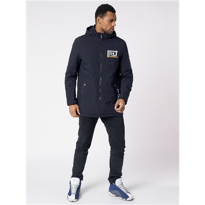 Куртка мужская удлиненная с капюшоном темно-синего цвета 88661TS