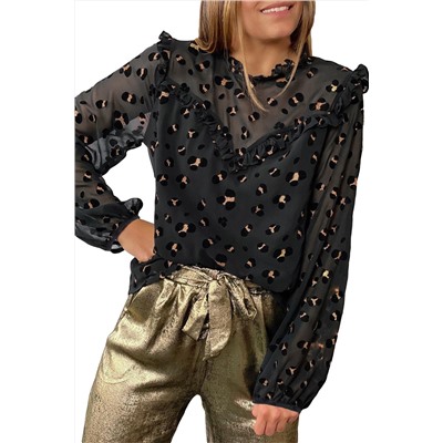 Черная полупрозрачная блуза с леопардовым принтом и рюшами