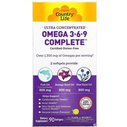Country Life, комплекс высококонцентрированных кислот Омега-3-6-9 Натуральный лимонный вкус, 90 мягких таблеток