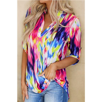 Разноцветная блузка с V-образным вырезом на пуговицах и красочным принтом