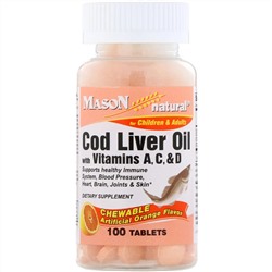 Mason Natural, жевательные таблетки с маслом печени трески с витаминами A, C и D, апельсиновый вкус, 100 таблеток