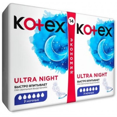 Прокладки ночные Kotex (Котекс) Ultra Night, сеточка, 6 капель, 14 шт