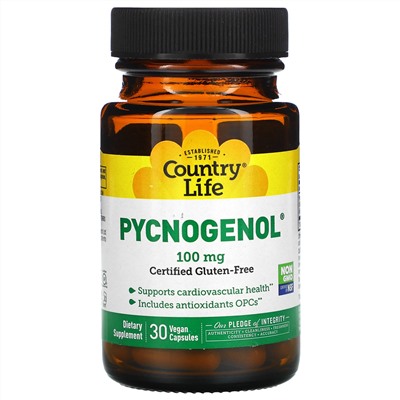 Country Life, Pycnogenol, 100 мг, 30 веганских капсул