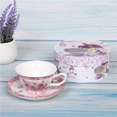 Чайная пара керамическая "Грация" (кружка 200мл+блюдце) в подарочной коробке, розовая