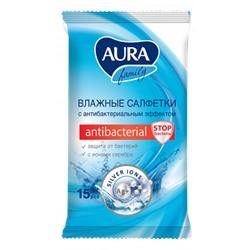 Влажные салфетки антибактериальные Aura (Аура) для всей семьи, 15 шт