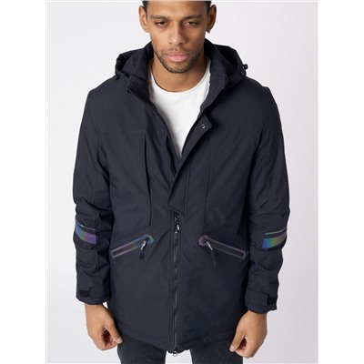 Куртка мужская удлиненная с капюшоном темно-синего цвета 88611TS