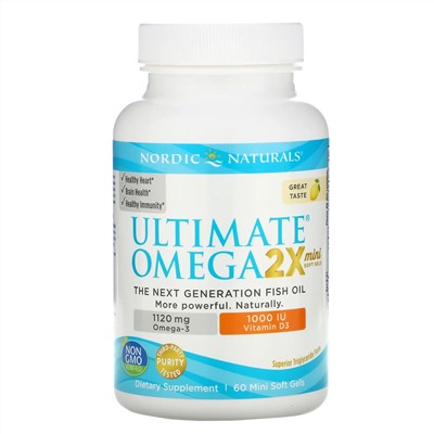 Nordic Naturals, Ultimate Omega 2X с витамином D3, лимон, 60 мягких мини-таблеток