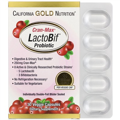 California Gold Nutrition, Lactobif, Cran-Max, пробиотики, 25 млрд КОЕ, 30 растительных капсул