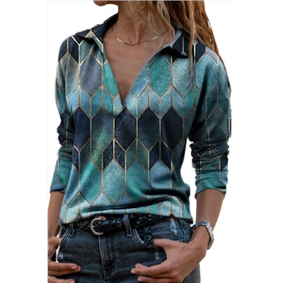 Бирюзовая повседневная блуза с V-образным вырезом с отложным воротником и геометрическим принтом
