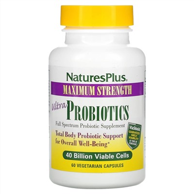 Nature's Plus, ультрапробиотики, максимальная эффективность, 40 млрд жизнеспособных клеток, 60 растительных капсул
