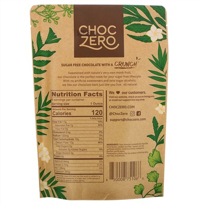 ChocZero, Dark Chocolate With Sea Salt, Coconut, Sugar Free, 6 Bars, 1 oz Each