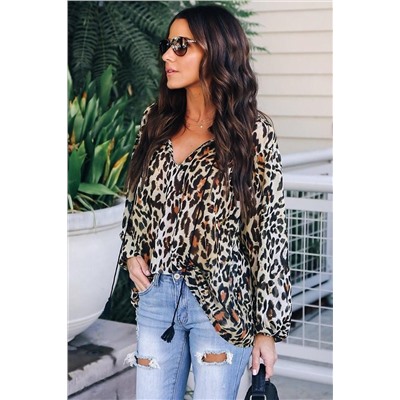 Леопардовая свободная блуза-крестьянка с длинными рукавами