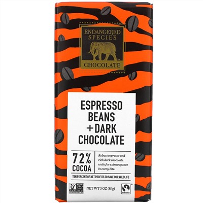 Endangered Species Chocolate, Espresso Beans + Dark Chocolate, 72% Cocoa, 3 oz (85 g)