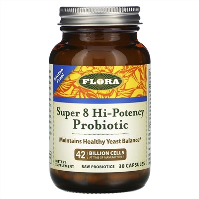 Flora, Super 8, высокоэффективный пробиотик, 42 млрд клеток, 30 капсул