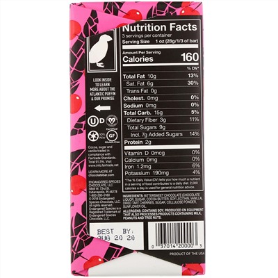 Endangered Species Chocolate, Vibrant Cherries + Dark Chocolate, 72% Cocoa, 3 oz (85 g)