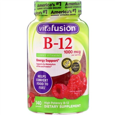 VitaFusion, B12, натуральный вкус малины, 1000 мкг, 140 жевательных таблеток