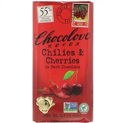 Chocolove, Чили и вишня в темном шоколаде, 55% какао, 90 г (3,2 унции)