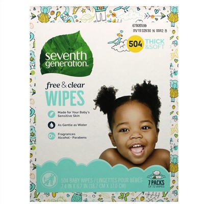 Seventh Generation, Baby Wipes, Free & Clear, 504 Wipes