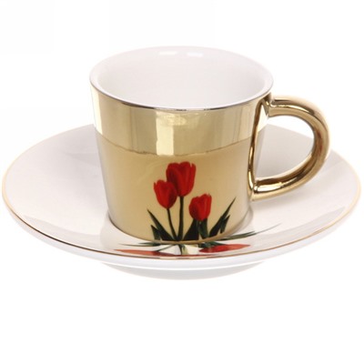 Кофейная пара (зеркальная кружка 90мл+блюдце) анаморфный дизайн "Тюльпаны красные"