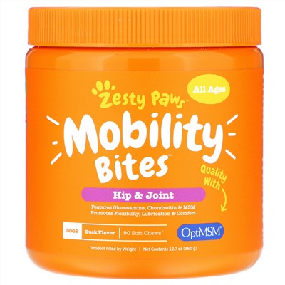 Zesty Paws, Mobility Bites for Dogs, Hip and Joint, All Ages, Duck Flavor, 90 Soft Chews, 12.7 oz (360 g)