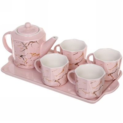 Чайный набор 6 предметов "Артемида" (Чайник заварочный 700мл+4кружки 180мл) на подносе, розовый