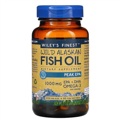 Wiley's Finest, рыбий жир диких аляскинских рыб, максимальное содержание ЭПК, 1000 мг, 60 рыбных капсул