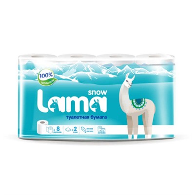 Туалетная бумага 2-слойная Snow Lama (Сноу Лама) белая, 8 рулонов