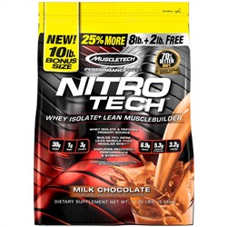 Muscletech, Nitro Tech, сывороточные пептиды и изолят сыворотки, средство для наращивания сухой мышечной массы, сывороточный протеин в порошке, со вкусом молочного шоколада, 4,54 кг (10 фунтов)