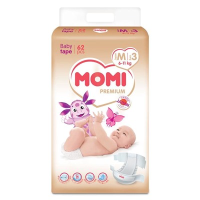 Подгузники MOMI Premium M (6-11 кг), 62 шт