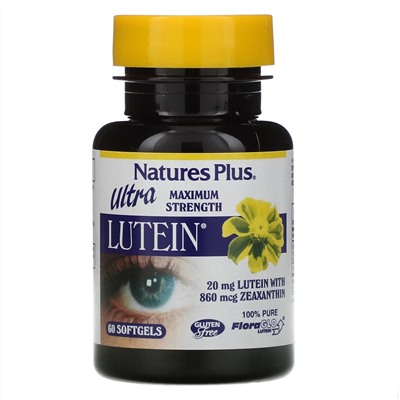 Nature's Plus, Ultra Lutein, максимальная сила, 20 мг, 60 мягких желатиновых капсул